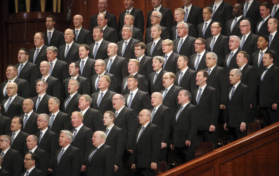 The Tabernacle Choir at Temple Square performs during The Church of Jesus Christ of Latter-day Saints conference Saturday, April 6, 2019, in Salt Lake City. Church members are preparing for more changes as they gather in Utah for a twice-yearly conference to hear from the faith's top leaders. (AP Photo/Rick Bowmer)