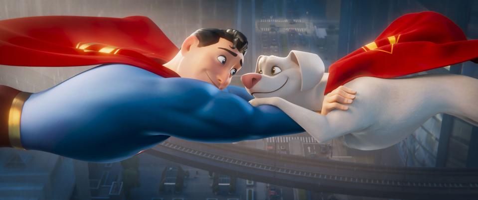 Superman (voiced by John Krasinski) and loyal Krypto (The Rock) are BFFs in "DC League of Super-Pets."