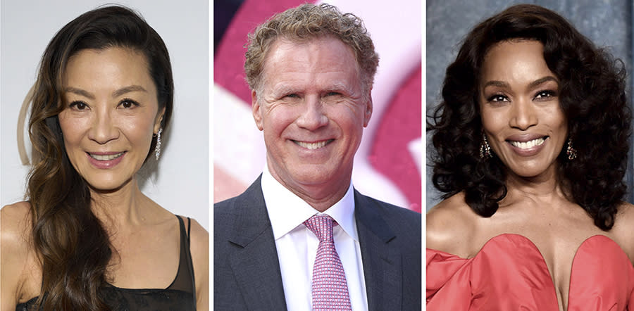 This combination photo shows Michelle Yeoh, from left, Will Ferrell, and Angela Bassett. Yeoh, Ferrell and Bassett, along with Amanda Seyfried, Julia Garner, George Lopez and Justin Hartley have been announced as presenters for this year's Golden Globe Awards. The Golden Globes will air live on Jan 7, 2024. (AP Photo)