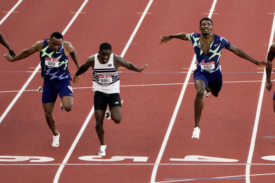 FILE - In this June 20, 2021, file photo, Trayvon Bromell wins the men's 100-meter run at the U.S. Olympic Track and Field Trials in Eugene, Ore. The man positioned to take over the sprint game in the post-Usain Bolt world is Bromell. He's a 26-year-old American who is as unassuming as he is fast. (AP Photo/Chris Carlson)