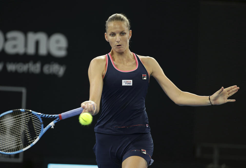 Karolina Pliskova of the Czech Republic plays a shot during her finals match against Lesia Tsurenko of Ukraine at the Brisbane International tennis tournament in Brisbane, Australia, Sunday, Jan. 6, 2019. (AP Photo/Tertius Pickard)