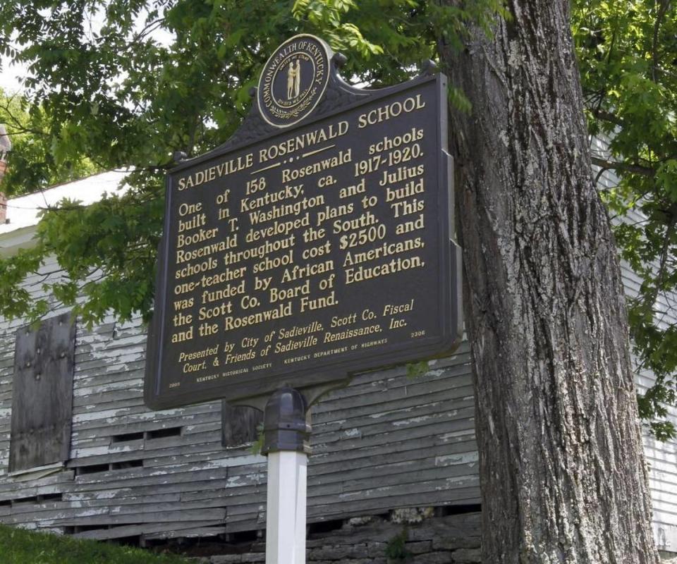 Historical Marker for the old Rosenwald School on Pike St. in Sadieville, Ky., Monday, May 23, 2011. Preserve Kentucky says the state’s small towns (population 2,000 or less) top its annual list of the most endangered sites in the Bluegrass State. They’re using Sadieville in Scott County as a prime example. The old Mt. Pleasant Baptist Church is in the background. The school is on a hillside behind the church.