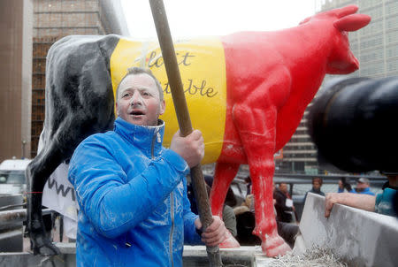 A Belgian milk producer sprays powdered milk next to a model of a cow to protest against dairy market overcapacity outside a meeting of European Union agriculture ministers in Brussels, Belgium, January 23, 2017. REUTERS/Francois Lenoir