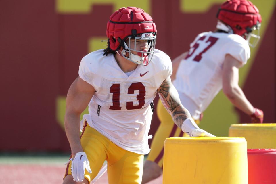 USC linebacker Mason Cobb during practice.