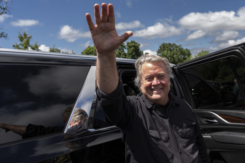 Steve Bannon arrives to speak outside Danbury Federal Correctional Institution, Monday, July 1, 2024, in Danbury, Conn. (AP Photo/Julia Nikhinson)