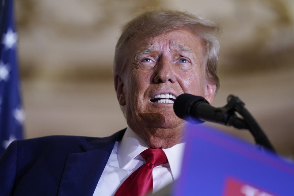 Former President Donald Trump speaks at his Mar-a-Lago estate Tuesday, April 4, 2023, in Palm Beach, Fla., after being arraigned earlier in the day in New York City. (AP Photo/Evan Vucci)