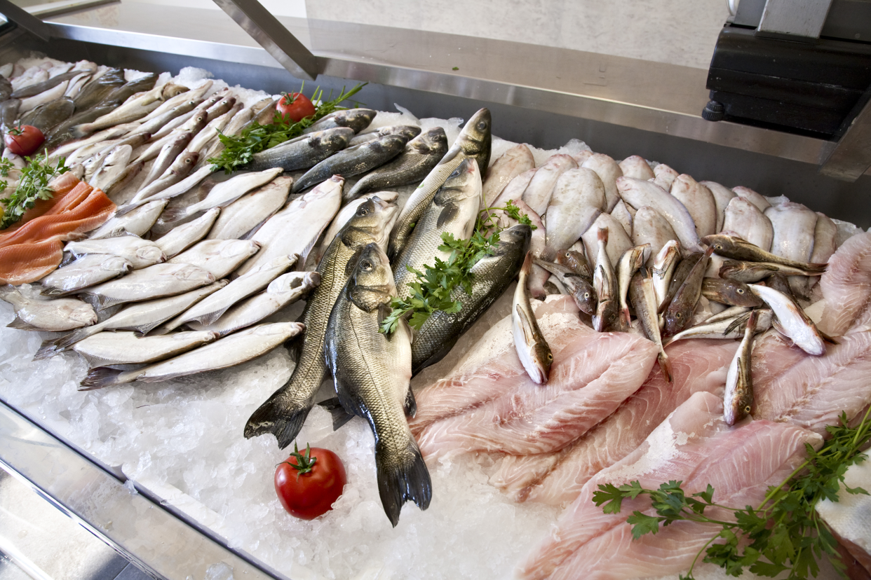 Seafood counter in grocery store