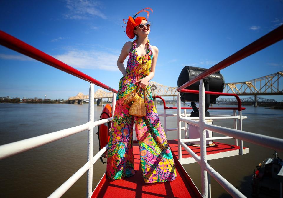 Lauretta Walters, shown here on the Belle of Louisville, models a jumpsuit by Trina Turk ($398) for the Kentucky Derby and hat by Frank Olive. This outfit is available at Von Maur.