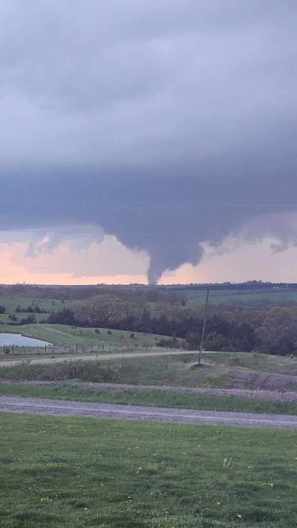 A funnel cloud is seen from Mount Ayr, Iowa, on the evening of April 26, 2024. At least 10 tornadoes touched down in central and southern Iowa.