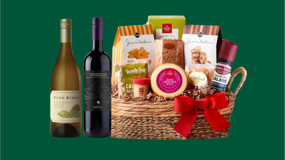 This wine gift basket from Wine.com comes in a reusable picnic basket.