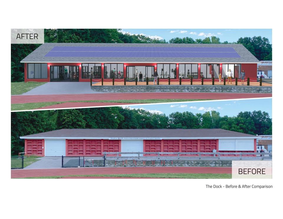 A rendering of &quot;The Dock&quot; project that aims to transform the old concession building at Hingham High School into a new fitness and wellness facility for high school students.