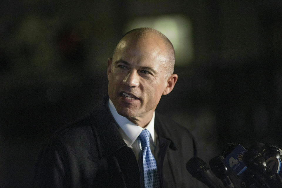 FILE - In this March 25, 2019, file photo, Attorney Michael Avenatti speaks in front of federal court after his initial appearance in an extortion case in New York. Avenatti was arrested Monday on charges that included trying to shake down Nike for as much as $25 million by threatening the company with bad publicity. (AP Photo/Kevin Hagen, File)