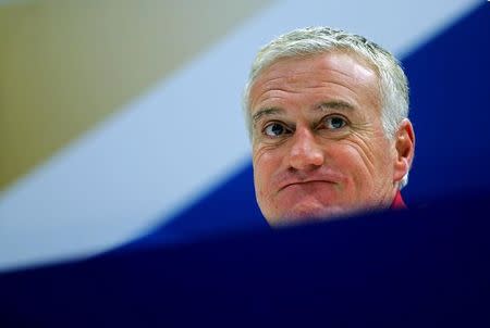 France's national soccer team coach Didier Deschamps addresses a news conference at the Velodrome stadium in Marseille, November 17, 2014. REUTERS/Jean-Paul Pelissier