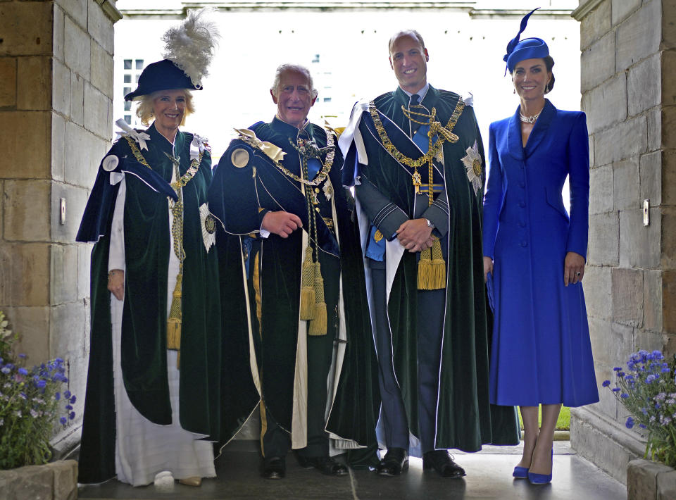 From left, Queen Camilla, Britain's King Charles III, Britain's Prince William and Kate, Princess of Wales, stand at the Palace of Holyroodhouse, after the National Service of Thanksgiving and Dedication for King Charles III and Queen Camilla, and the presentation of the Honours of Scotland, in Edinburgh, Wednesday July 5, 2023. (Yui Mok/Pool Photo via AP)