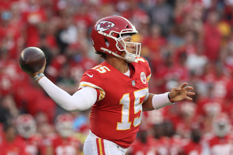 KANSAS CITY, MO - AUGUST 27: Kansas City Chiefs quarterback Patrick Mahomes (15) makes a sidearm pass in the first quarter of an NFL preseason game between the Minnesota Vikings and Kansas City Chiefs on Aug 27, 2021 at GEHA Field at Arrowhead Stadium in Kansas City, MO. (Photo by Scott Winters/Icon Sportswire via Getty Images)