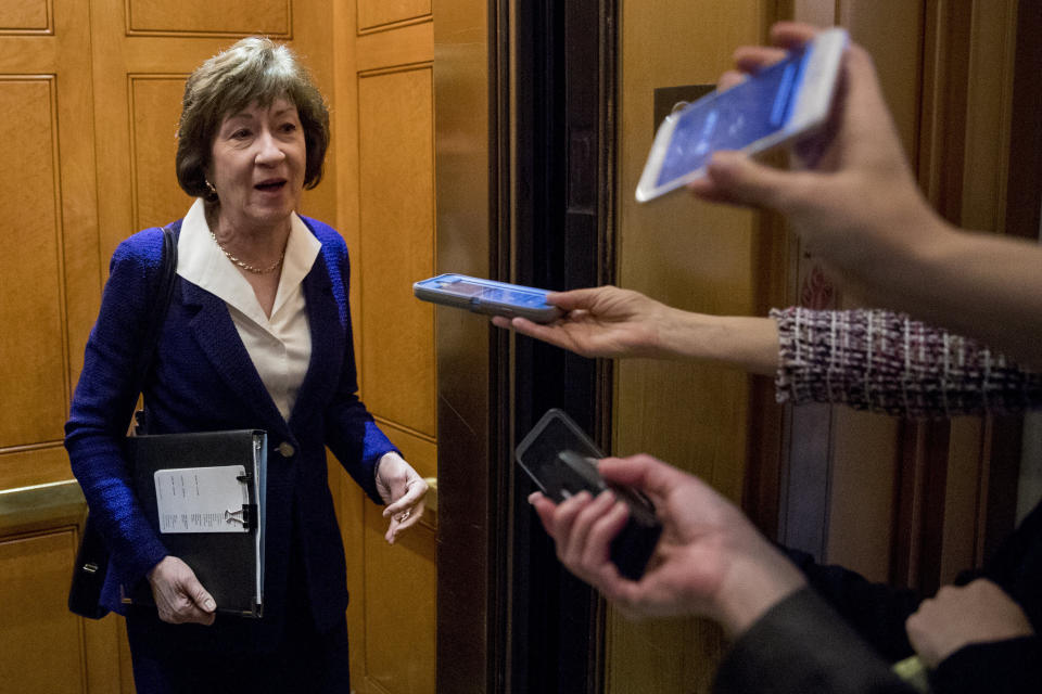 Sen. Susan Collins speaks to reporters following a Senate policy luncheon on Capitol Hill in Washington on April 2. (Photo: ASSOCIATED PRESS)