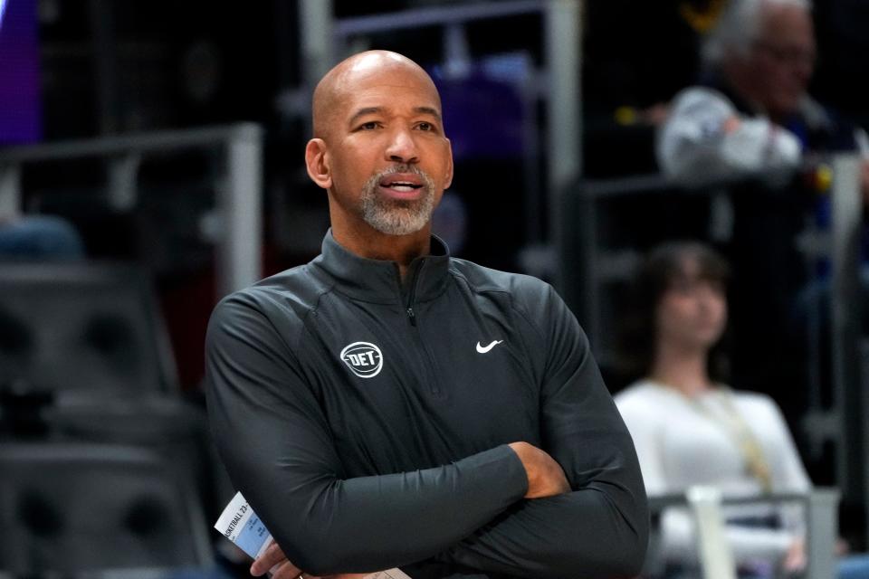 Detroit Pistons head coach Monty Williams watches against the Minnesota Timberwolves in the first half of an NBA basketball game in Detroit, Wednesday, Jan. 17, 2024. (AP Photo/Paul Sancya)