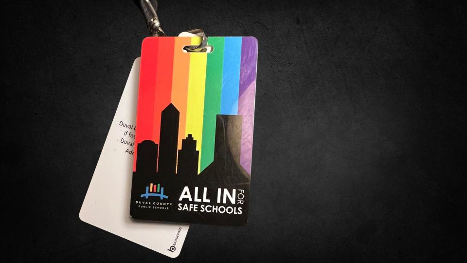 The most recent Duval Schools-issued All In For Safe Schools badge, which has a rainbow — closely associated with Pride. Duval Schools confirmed the Safe Spaces concept is undergoing a rebrand and removing rainbows to avoid the appearance of "district speech in support of a social cause." LGBTQ+ advocates call the move "erasure."