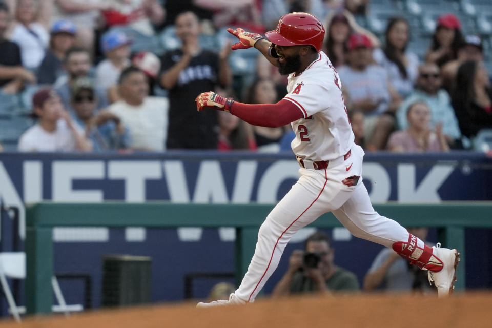 Los Angeles Angels' Luis Rengifo runs the bases on a two-run home run against the Detroit Tigers during the fifth inning of a baseball game Thursday, June 27, 2024, in Anaheim, Calif. (AP Photo/Ryan Sun)