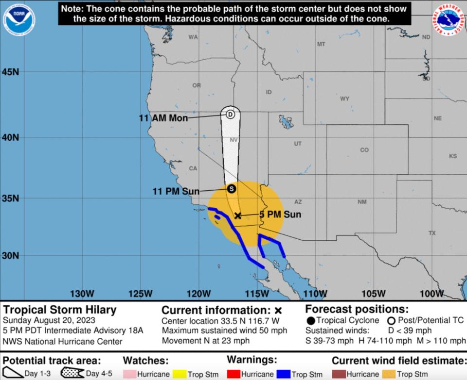 A map of Southern California and Baja California showing the eye of the storm traveling. The eye of the storm is currently in Southern California, near Palm Springs.