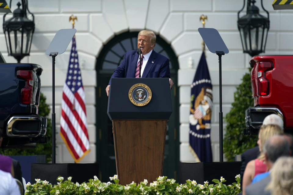 President Donald Trump speaks during an event on regulatory reform on the South Lawn of the White House, Thursday, July 16, 2020, in Washington. (AP Photo/Evan Vucci)