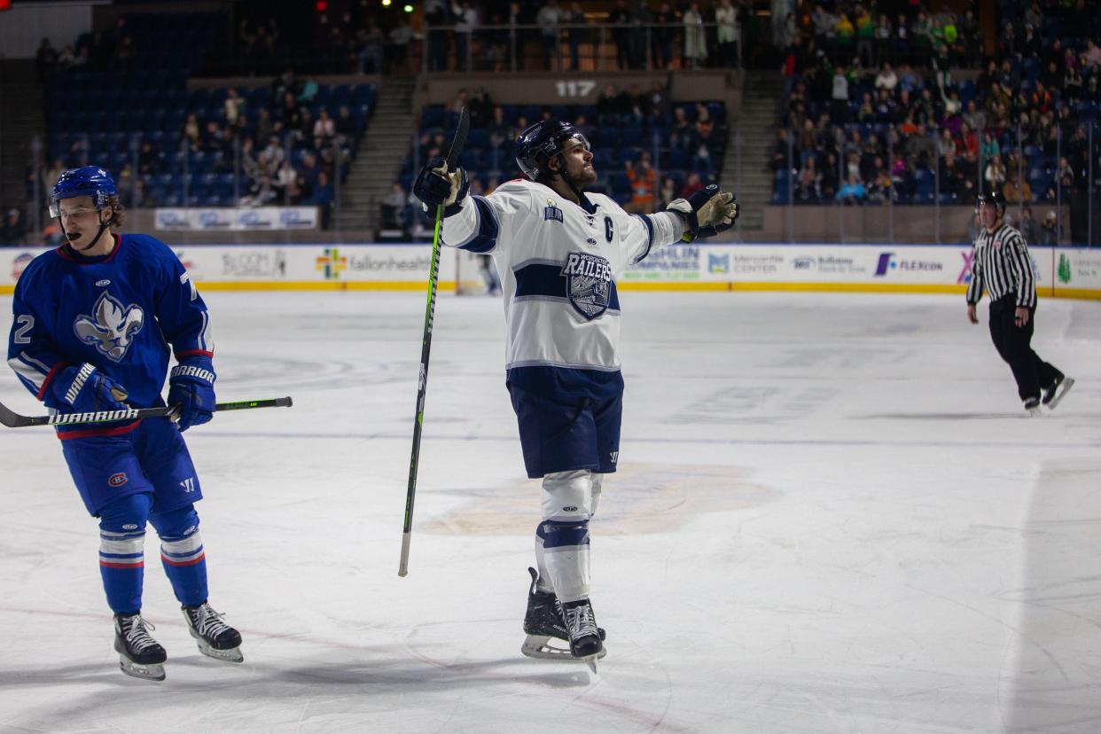 Worcester Railers captain Anthony Repaci celebrates after scoring a goal in a game this season at DCU Center.