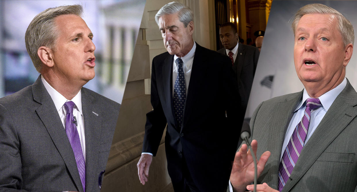 Kevin McCarthy, Robert Mueller, Lindsey Graham. (Photo: William B. Plowman/NBC/NBC NewsWire via Getty Images, Saul Loeb/AFP/Getty Images, Chip Somodevilla/Getty Images)