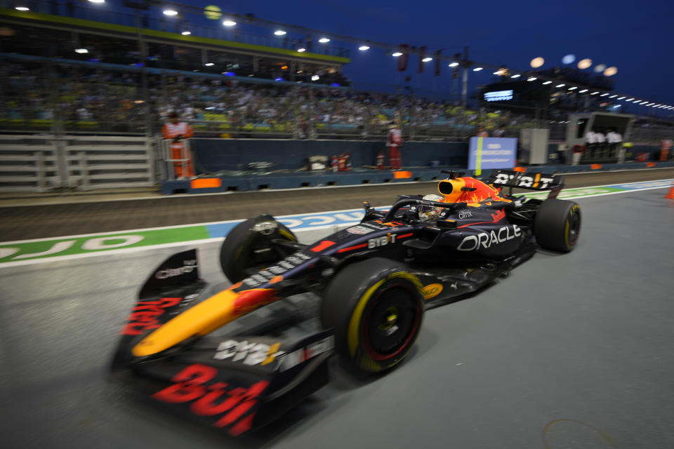 Red Bull driver Max Verstappen of the Netherlands drives during practice session of the Singapore Formula One Grand Prix, at the Marina Bay City Circuit in Singapore, Friday, Sept. 30, 2022. (AP Photo/Vincent Thian)