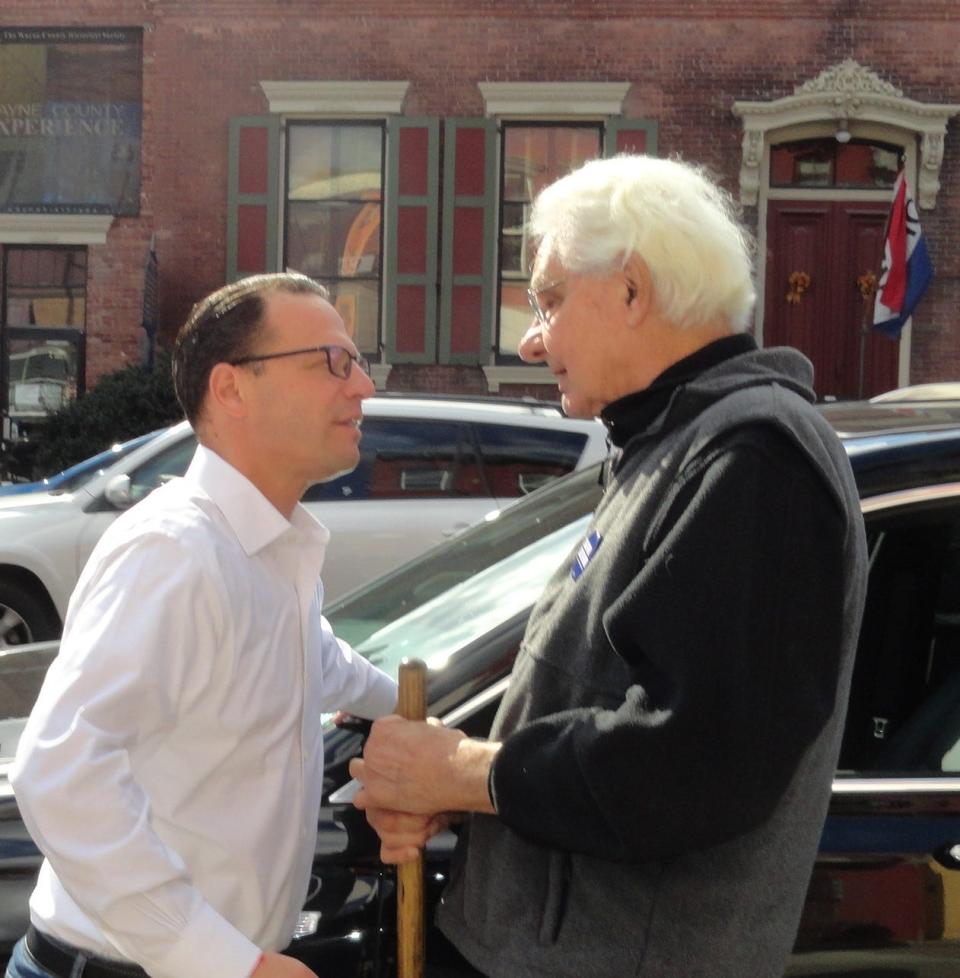 The late PA House Representative Edward G. Staback of Lackawanna County, at right, greeted his old friend and former House colleage Josh Shapiro, in Honesdale October 9. Shapiro was making a campaign stop in his successful run for governor of Pennsylvania, and Staback surprised him by attending the rally.