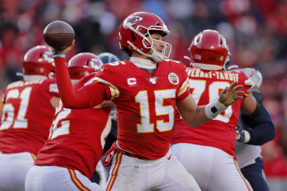 Kansas City Chiefs' Patrick Mahomes throws during the second half of the NFL AFC Championship football game against the Tennessee Titans Sunday, Jan. 19, 2020, in Kansas City, MO. (AP Photo/Jeff Roberson)