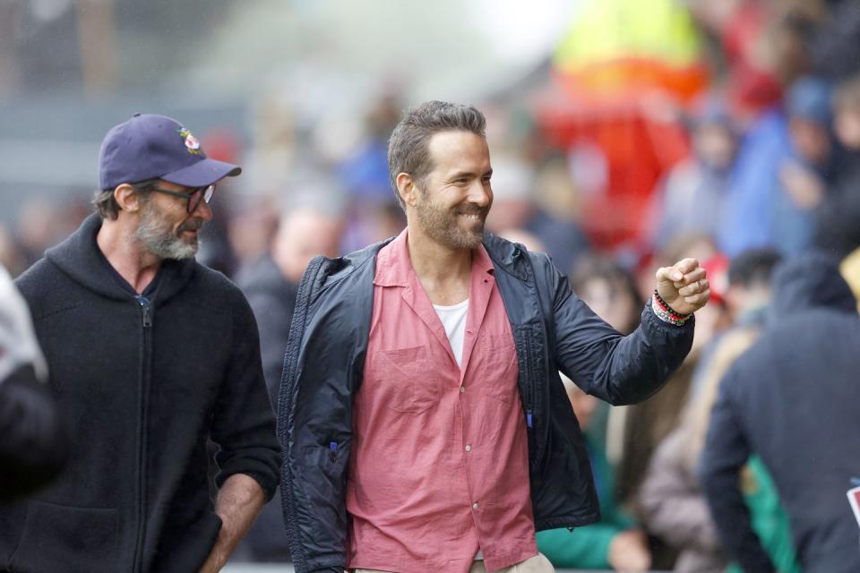 co owner of wrexham football club ryan reynolds and actor hugh jackman meet fans before the sky bet league two match between wrexham and milton keynes dons