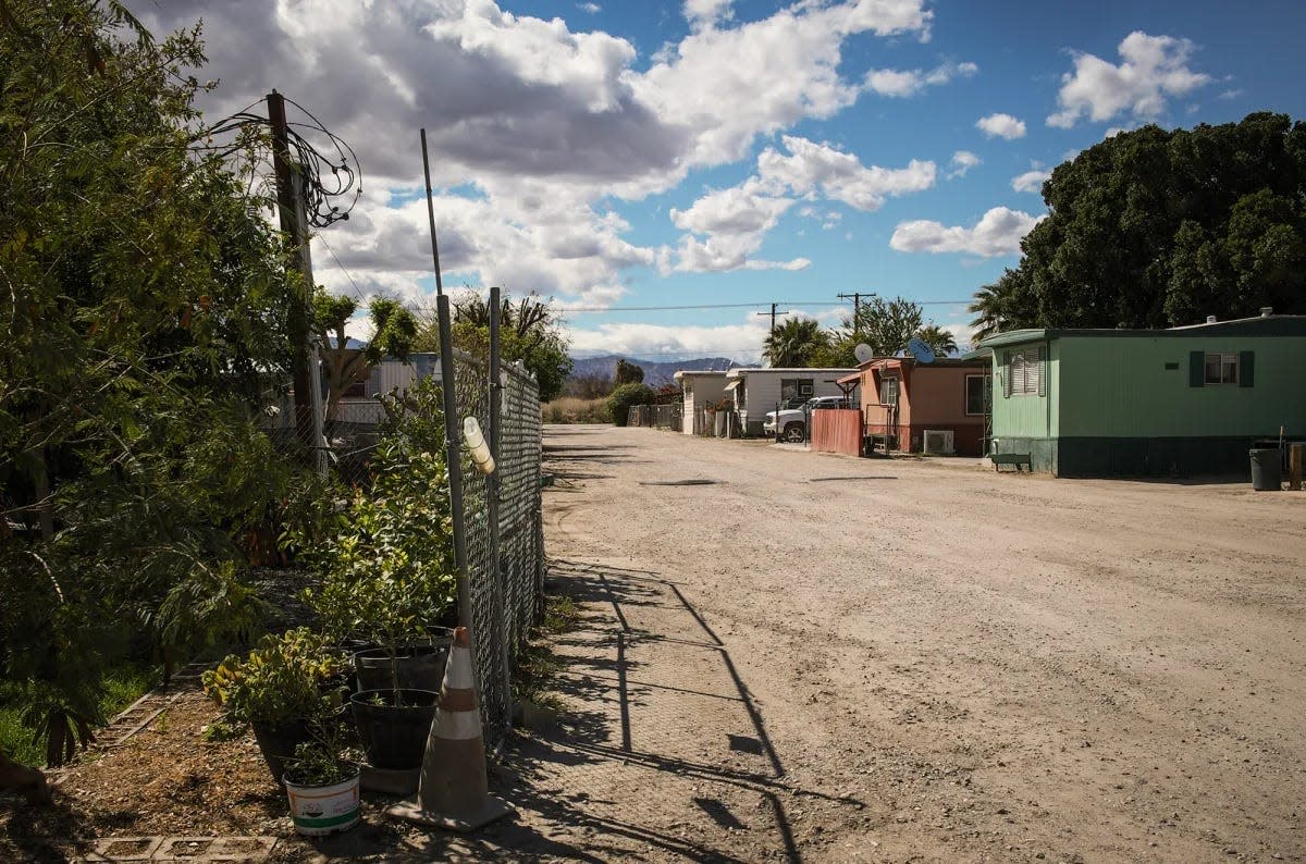 A dirt road in the Shady Lane Estates mobile home park in unincorporated Thermal, a community within the Coachella Valley in Riverside County on March 23, 2023.