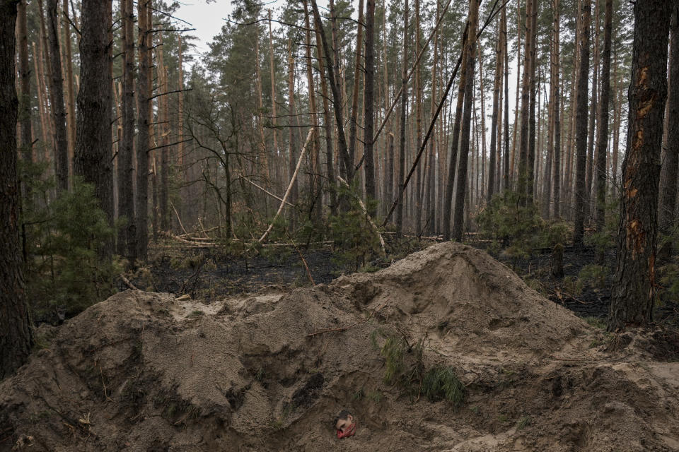 The bodies of village mayor Olga Sukhenko, her husband and son and that of a man believed to be a Ukrainian serviceman, who was not yet identified, lie in pit in the village of Motyzhyn, Ukraine, Sunday, April 3, 2022. (AP Photo/Vadim Ghirda)