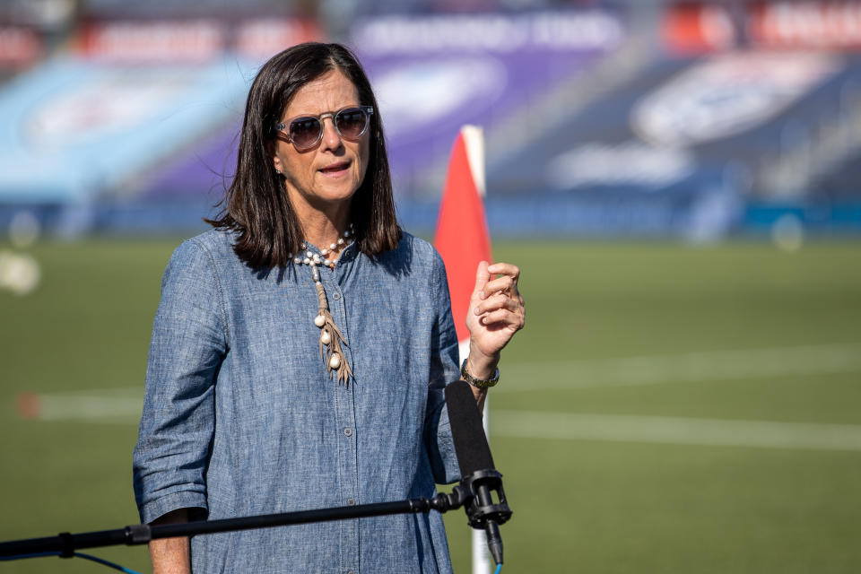 Lisa Baird speaks during an interview at the NWSL's Challenge Cup.