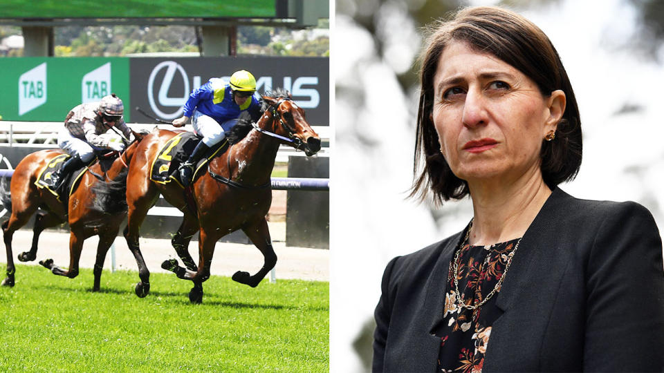 NSW Premier Gladys Berejiklian (pictured right) at a press conference and the Melbourne Cup (pictured left).