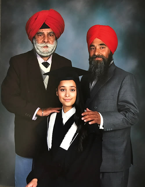 L to R: Surjit Singh Sekhon and his son Manjinder Singh Sekhon pose for a photo with Jasminder Sekhon. The father-son duo finally secured tickets home to Toronto from India after weeks of canceled flights and martial law being declared.