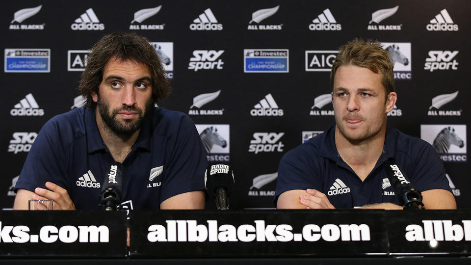 Sam Whitelock and Sam Cane address the media. (Photo by Paul Kane/Getty Images)