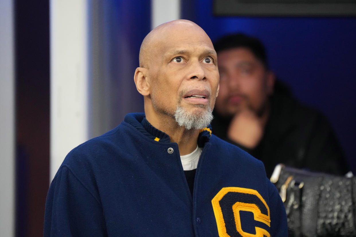 Dec 3, 2023; Inglewood, California, USA; Kareem Abdul-Jabbar attends the game between the Los Angeles Rams and the Cleveland Browns at SoFi Stadium. Mandatory Credit: Kirby Lee-USA TODAY Sports