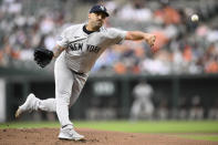 New York Yankees starting pitcher Nestor Cortes throws during the first inning of a baseball game against the Baltimore Orioles, Tuesday, April 30, 2024, in Baltimore. (AP Photo/Nick Wass)