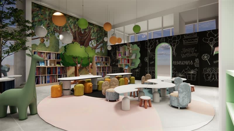夢幻親子友善書店 「粿粿繪本館」全館由藝術家親手手繪，以淡雅舒心的色調和童趣可愛的造景融合空間主題打造。（圖／吉祥道提供）