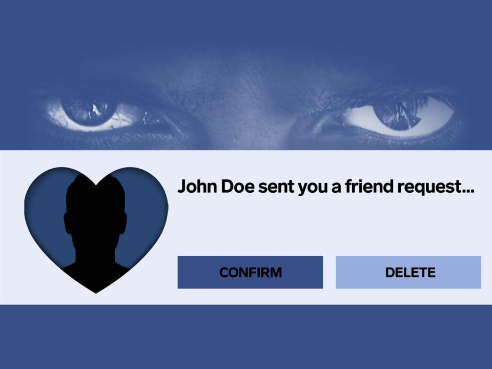 A friend request from 'John Doe' is shown with two large, looming eyes behind it.