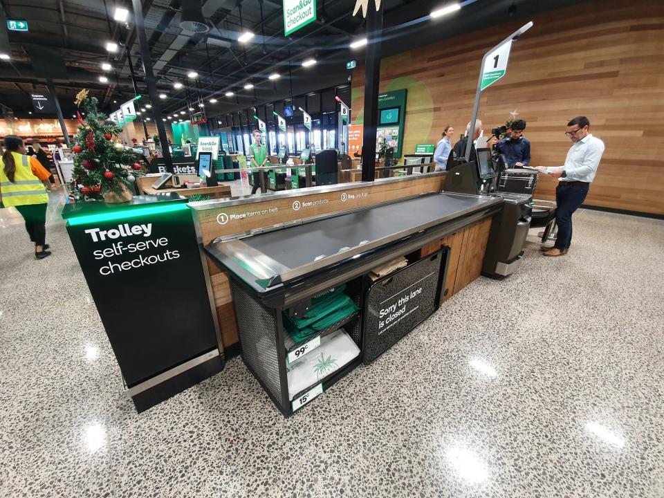 Picture of the new self-serve checkout for trolley's at the Millers Junction Woolworths store.