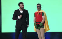 Ben Affleck and Jimmy Kimmel speak at "Vax Live: The Concert to Reunite the World" on Sunday, May 2, 2021, at SoFi Stadium in Inglewood, Calif. (Photo by Jordan Strauss/Invision/AP)