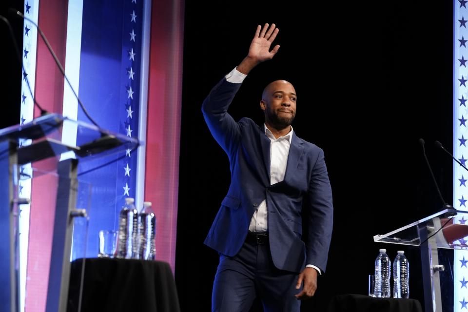 Democratic U.S. Senate candidate Mandela Barnes is intoduced during a televised debate Thursday, Oct. 13, 2022, in Milwaukee. (AP Photo/Morry Gash)