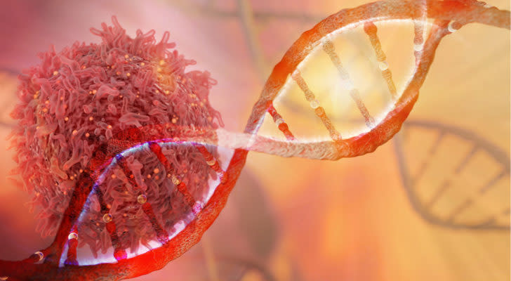 a model of a cancer attacking a double helix of DNA