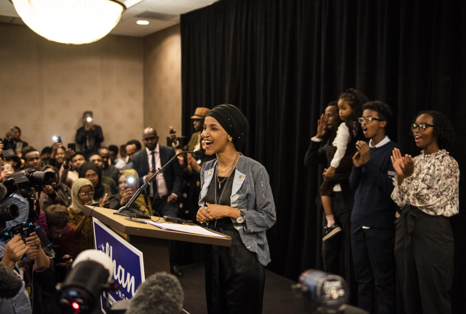 Ilhan Omar speaks at an election night party on Nov. 6, 2018, in Minneapolis. Omar won the race for Minnesota's 5th Congressional District and became one of the first Muslim women elected to Congress.&nbsp; (Photo: Stephen Maturen/Getty Images)