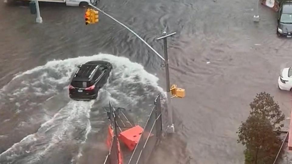 Heavy flooding is seen close to the Barclays Center in Prospect Heights, Brooklyn (Jonathan Gardner)