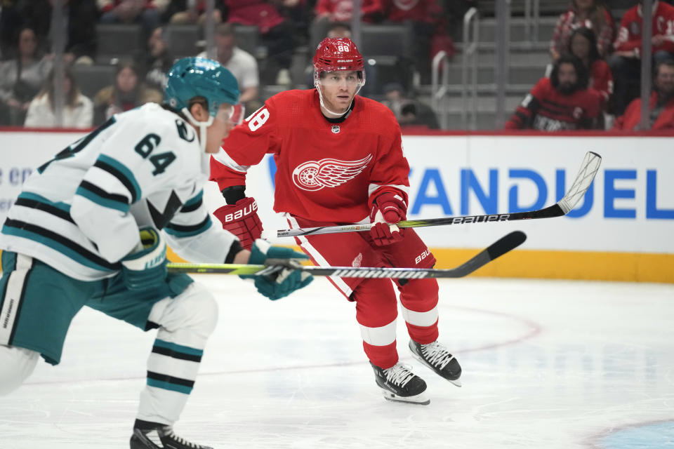 Detroit Red Wings right wing Patrick Kane (88) plays against the San Jose Sharks in the first period of an NHL hockey game Thursday, Dec. 7, 2023, in Detroit. (AP Photo/Paul Sancya)