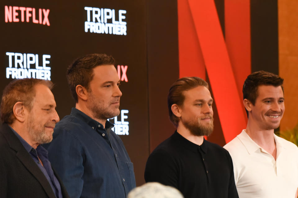 Producer Chuck Roven and cast members of “Triple Frontier” Ben Afleck, Charlie Hunnam and Garrett Hedlund at a press conference with Asian media on 9 March 2019 at Marina Bay Sands. (Photo: Iman Hashim for Yahoo Lifestyle Singapore)