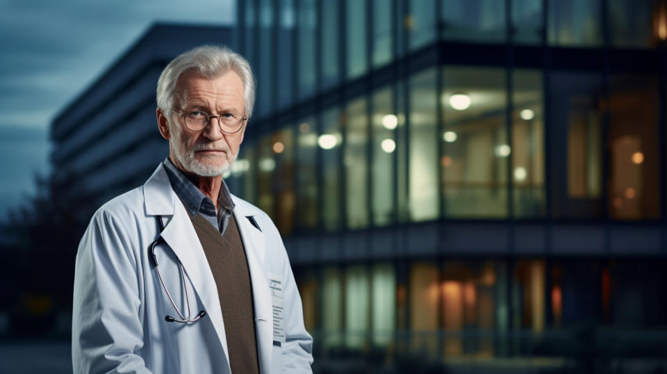 A senior healthcare professional in front of a hospital discussing the benefits of a new cancer treatment.